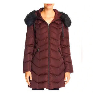 Women's Burgundy Puffer Coat with Faux Fur Hood